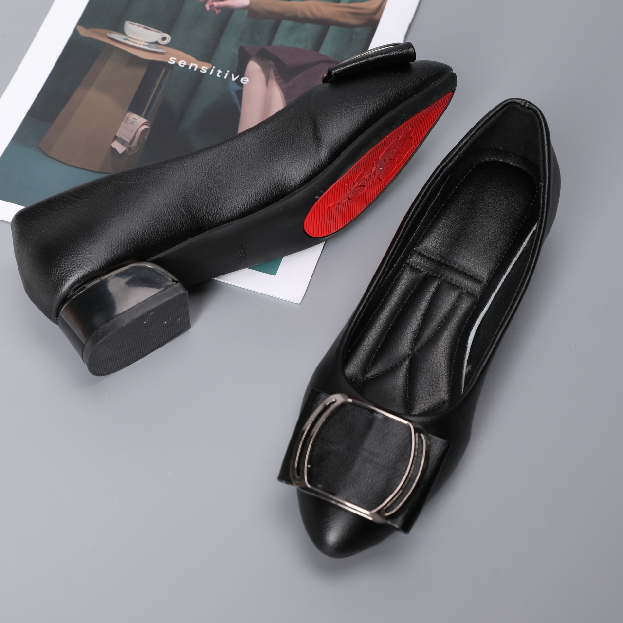 5536-Women's Spring New Fashion Pointed Toe Cover Thickened Sole Large Size for Parties and Office Women's Light Metal Buckle Casual Fashion