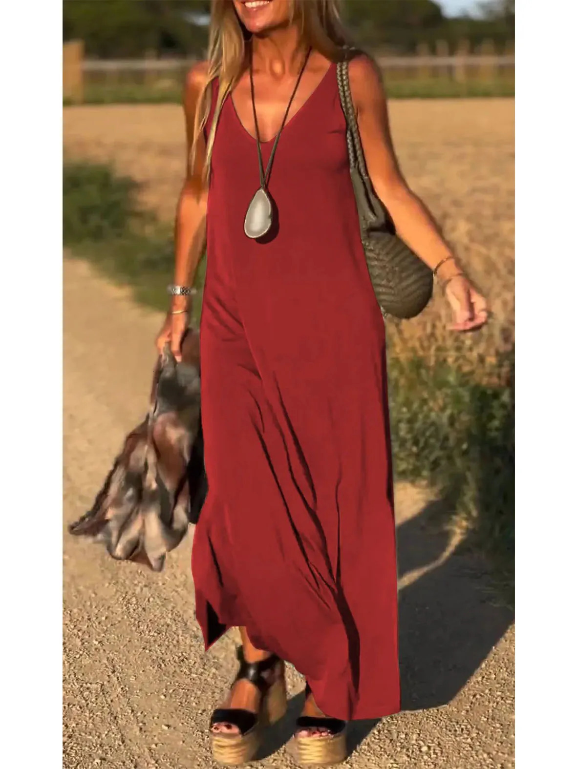 2024 Summer Womens VNeck Knit CoverUp Dress Beach Resort Maxi Slip Lightweight Loose Fit Boho Vacation Outfit 250616