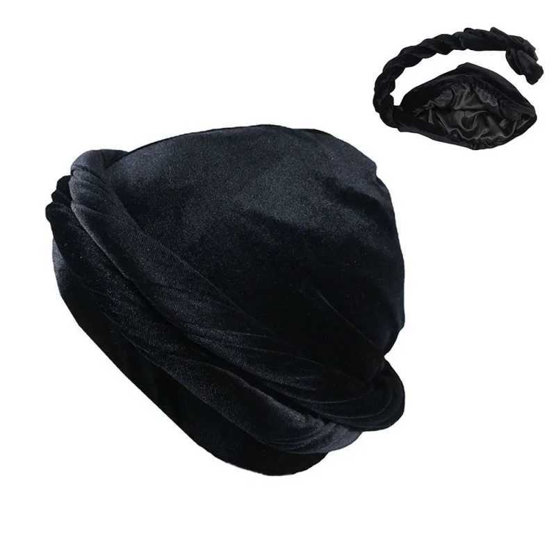 Solid Color Mens Velvet Head Scarf Ethnic Braided Double Layer Satin Inside Man Turban Hats Fashion Designer Silk Durag M250623