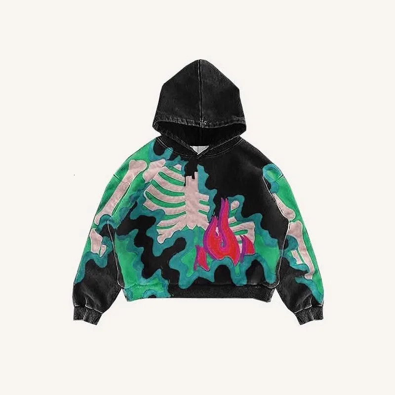 Spring and Autumn Y2K Retro Skeleton Pattern Printed Hoodie Mens and Womens Trendy Hoodie 250618