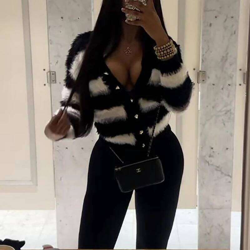 Winter Fashion Black White Striped Single-breasted Knitted Cardigan Sweater Long-sleeve Party High Street Coats for Women 2025