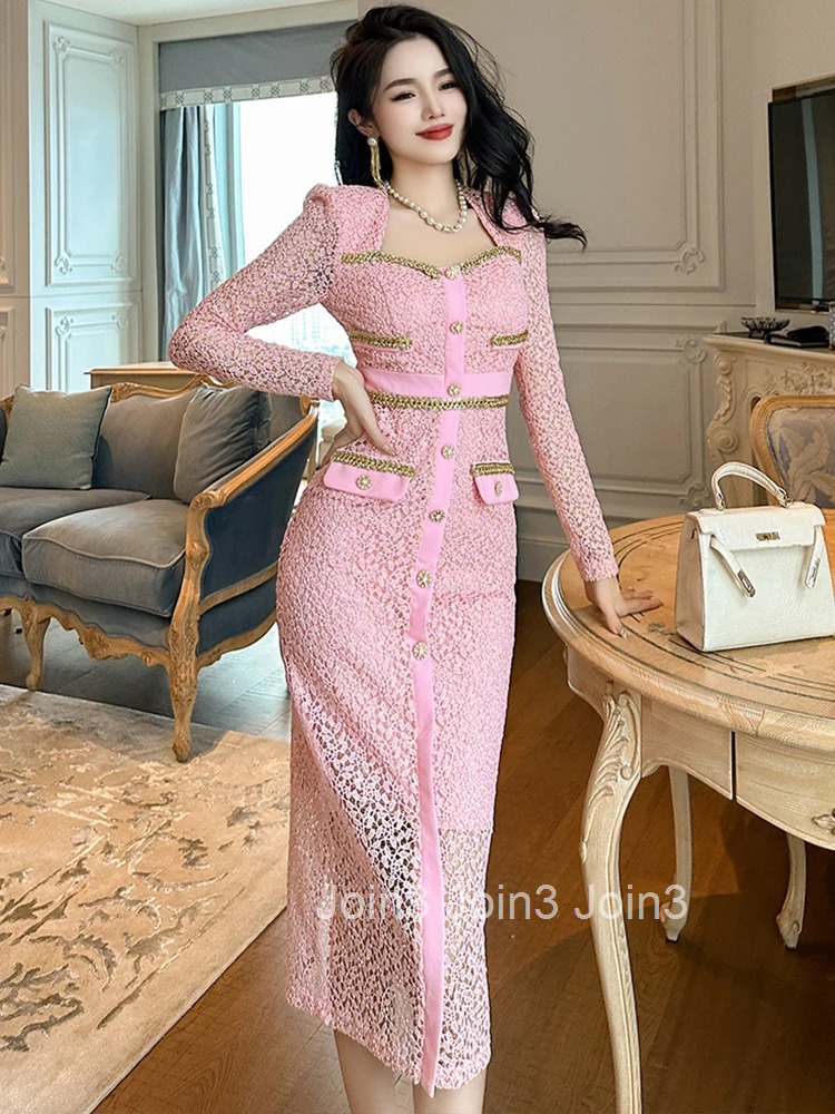 New Fashion Lace Pink Golden Shiny Silk Dresses For Women Mujer Ladies Elegant Luxury Sweet Square Collar Slim Dress Robe Femme