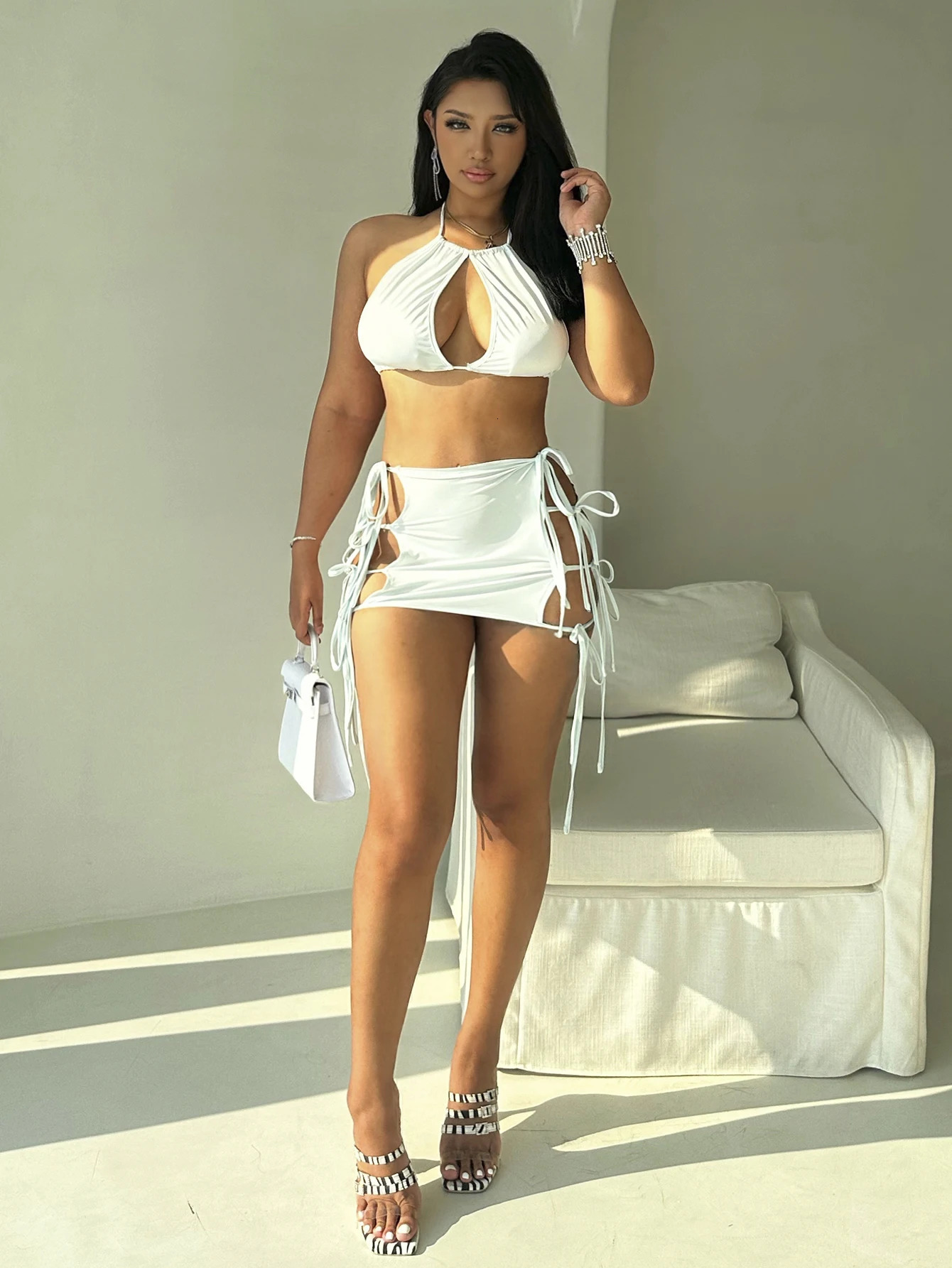 Womens sexy twopiece set with lace up off the shoulder and navel top strap mini skirt 250614