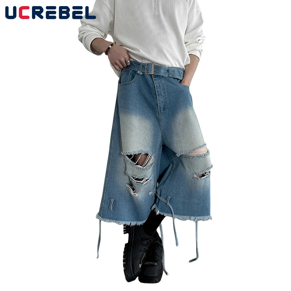 Ripped Raw Edge Denim Shorts Mens with Belt Summer High Street Loose Wide leg Jeans Cropped Trousers Men 250616