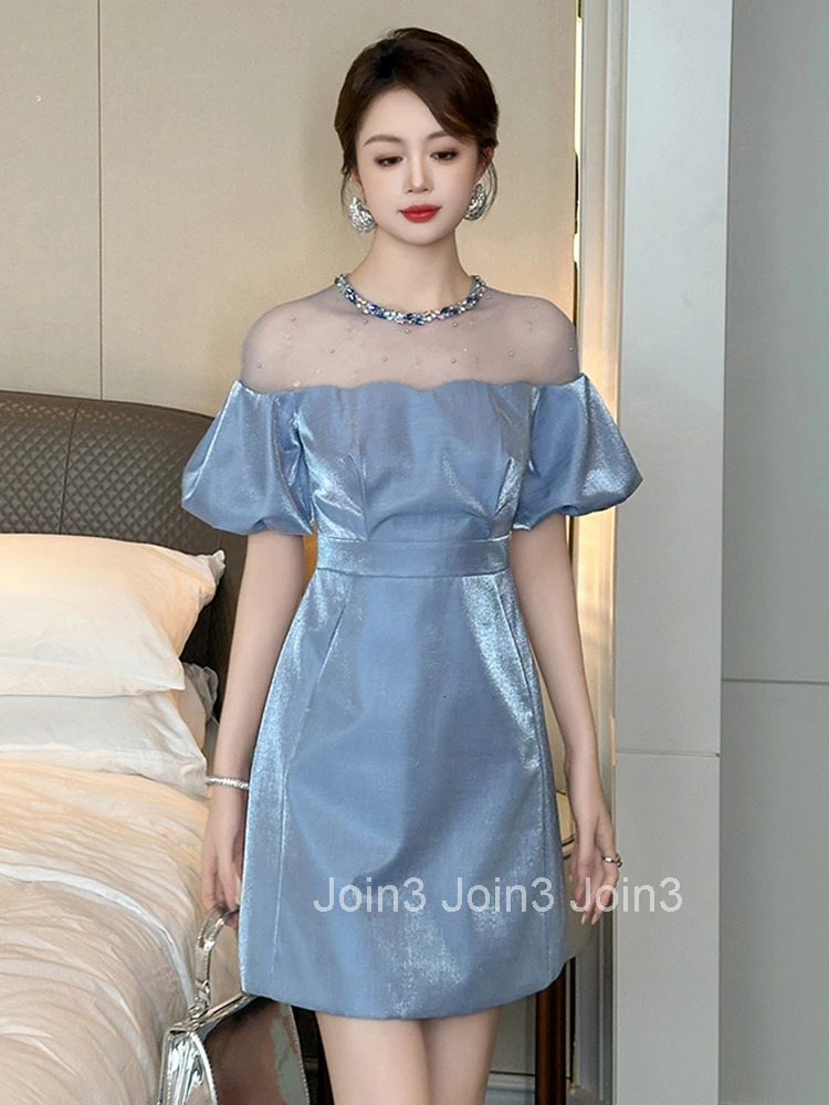 Summer Elegant Luxury Gown Evening Dress Women Clothes Mesh Splic Sheer Sexy Puff Sleeve Slim A-Line Short Party Prom Vestidos