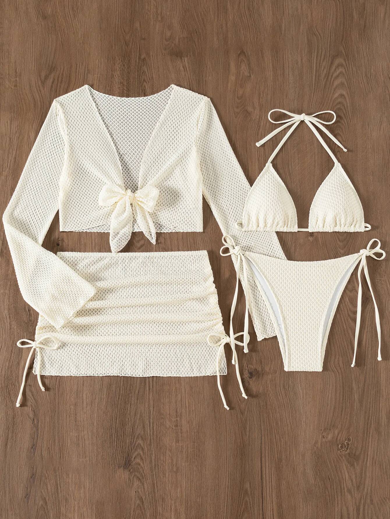 Sexy Mesh White 4 Piece Bikini Set 2025 Women Long Sleeve Cover Up With Skirt Swimsuit Beach Bathing Suit Holiday Thong Swimwear