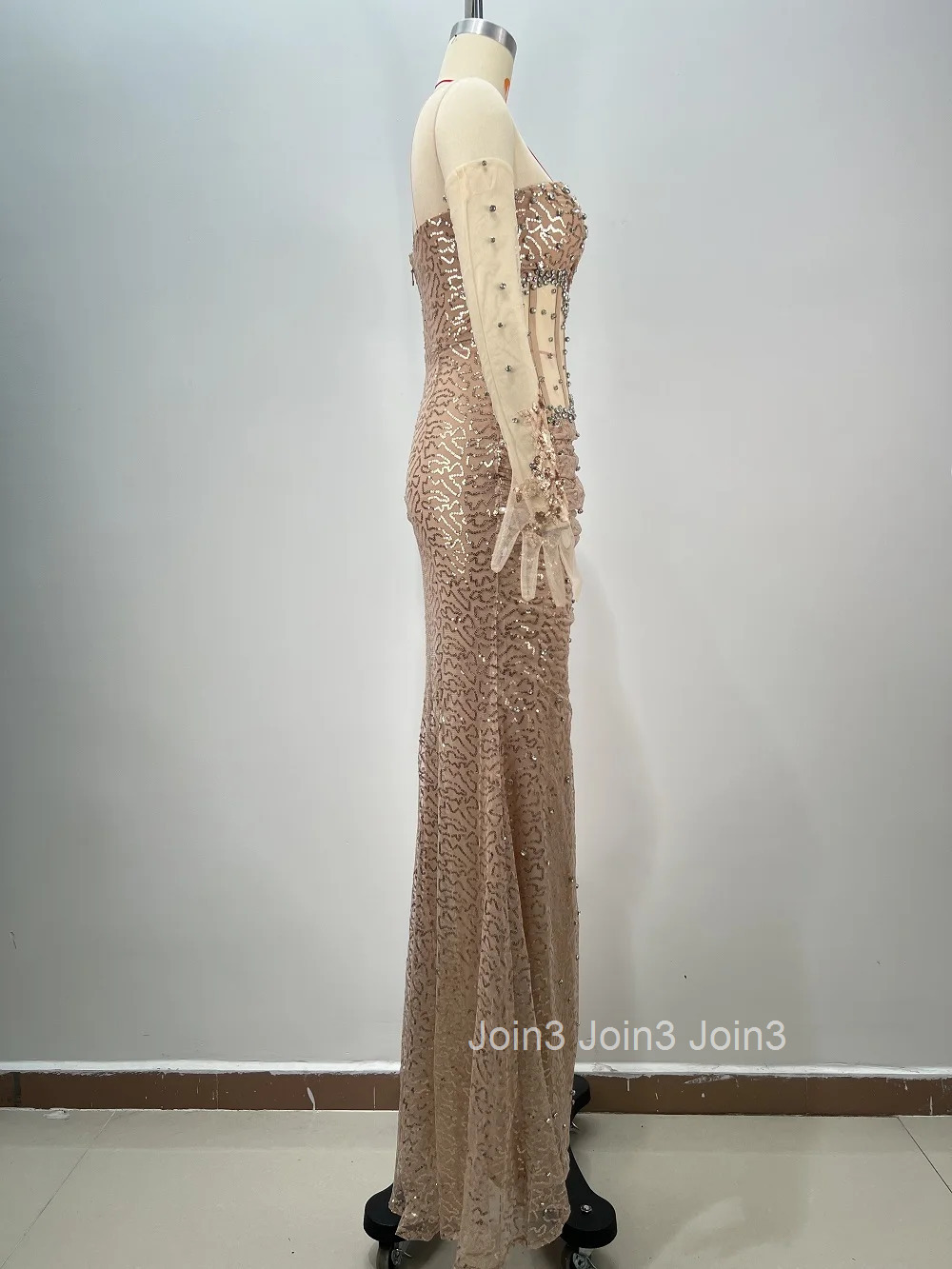 Newest Champagne Long Dress For Women Fashion Diamonds Embelling Sexy Gauze Splicing Bodycone Slim High Slit Cocktail Party Gown