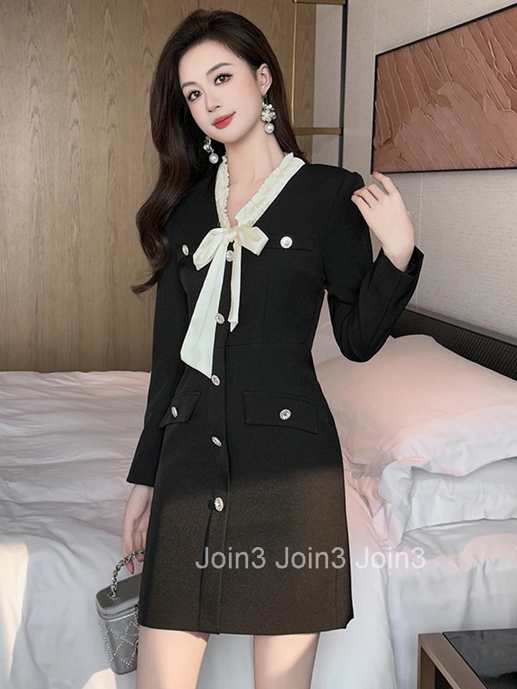 Women Clothes Vintage Formal Occasion Black Bow Neck Slim Mini Short Pencil Dress Elegant Ladies Commute Fashion Party Vestidos