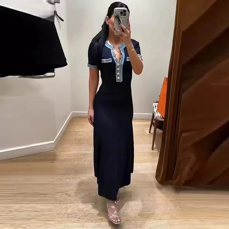 Elegant Knit Maxi Dresses Fashion Women Contrasting ONeck Short Sleeve Metal Tassel Bodycon Casual Office Lady Commute Vestidos 250616