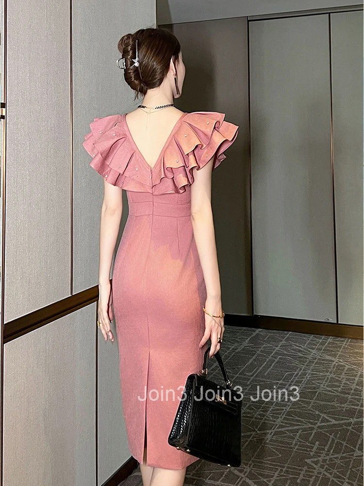New Elegant Summer Fashion Pink Evening Dress Women Clothing Formal Occasion Sweet Ruffle V-Neck Slim Party Prom Vestidos Fiesta