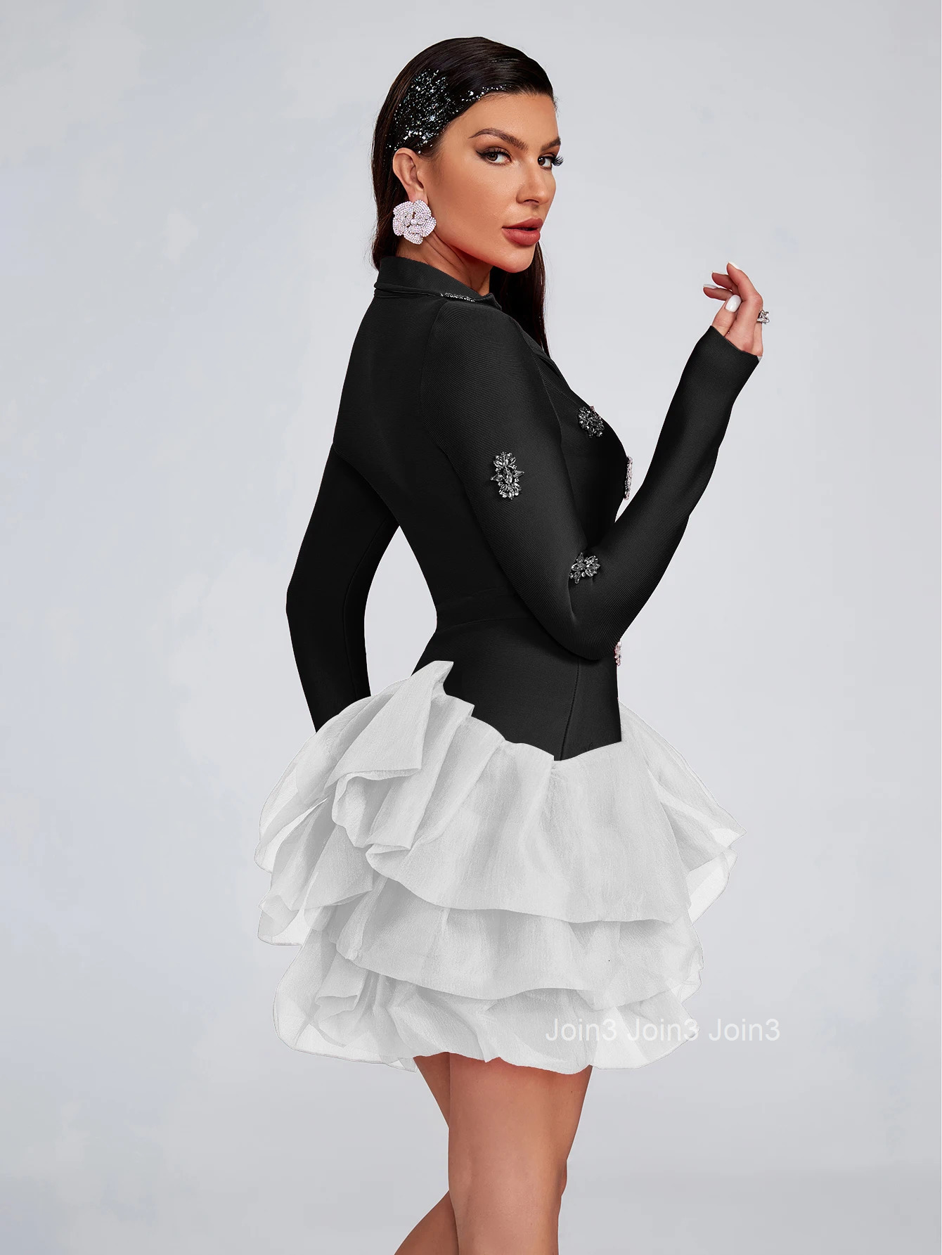 Autumn New 2 Color Long Sleeve Diamonds Ball Gown Chic Short Bandage Dress For Women Sexy Gauze Prom Party Clothing 72h Shipmen