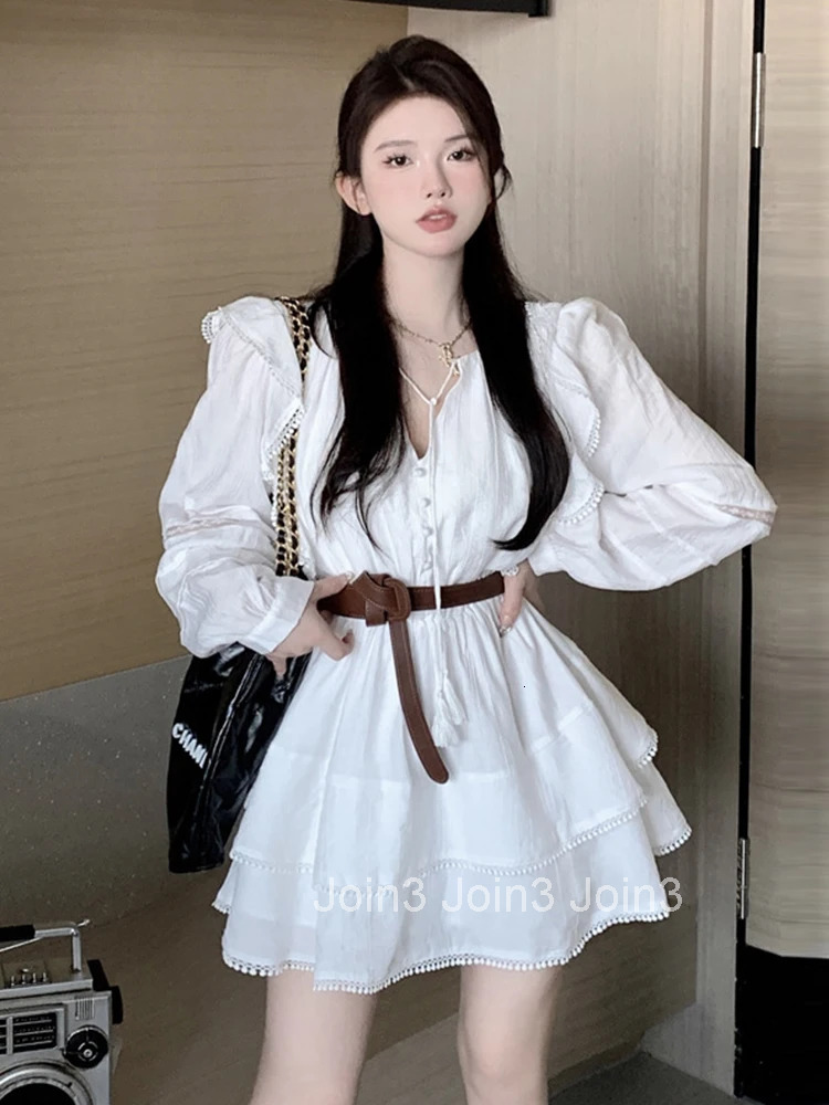 New Autumn Fashion Sweet White Ruffle V-Neck Short Dress Women Lady Casual Puff Sleeve Slim Belt A-Line Vestidos Street Clothes