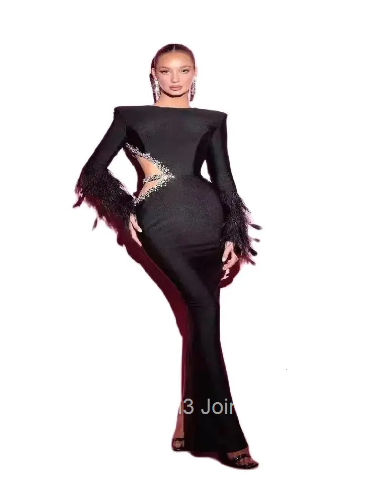 Spring Womens Clothing Elegant Vintage Black Long Sleeves With Feathers Gown Sexy Side Waist Cut Out Rhinestone Bandage Dress