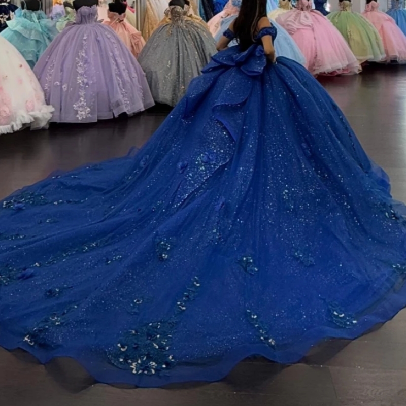 2025 Royal Blue Shiny Ball Gown Quinceanera Dresses Floral Applique Beading Bow Tull Corset Sweet 16 Dress Vestidos De 15 Anos