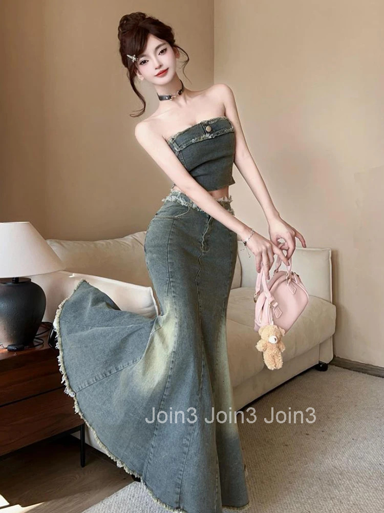 Women Clothes Casual Outfits Sexy Chest Wrapped Cropped Short Tops Shirt Blouse And High Waist Long Skirt Mujer 2 Pieces Set New