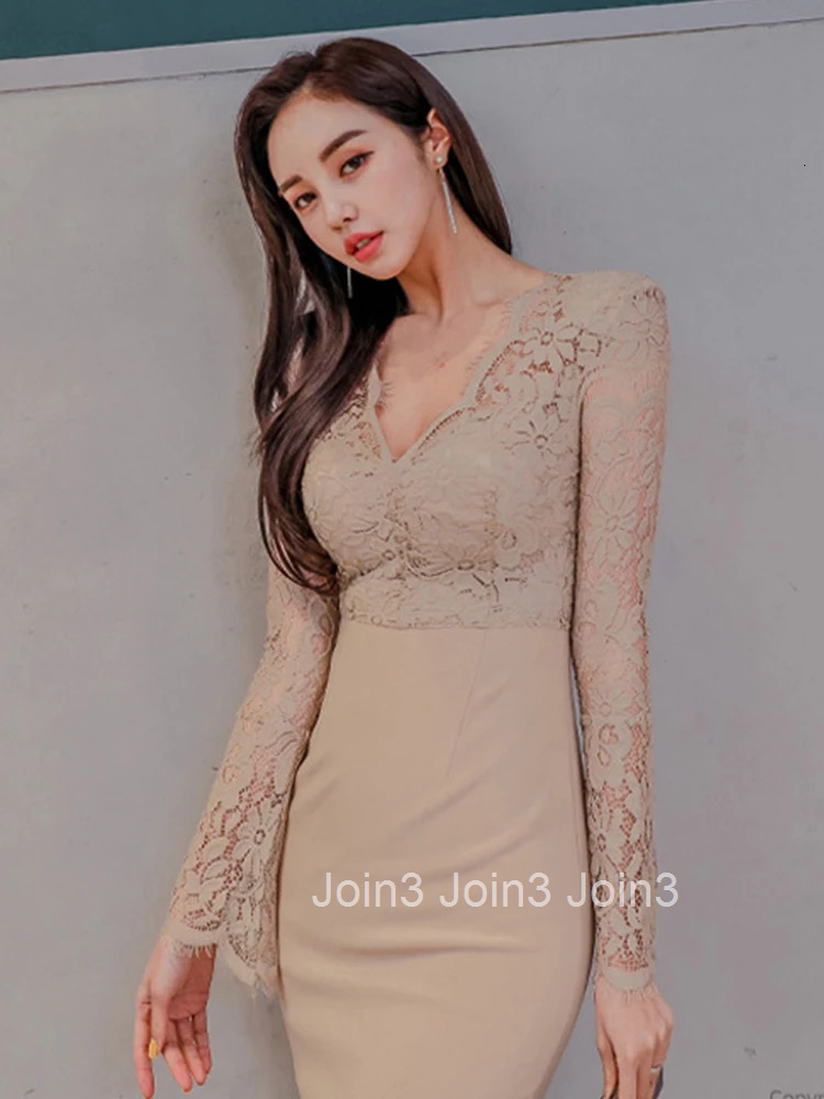 Korean Fashion Ladies Work Style Pencil Dresses Women Clothing Elegant Office Commute Lace Sexy V-Neck Slim Dress Mujer Vestidos