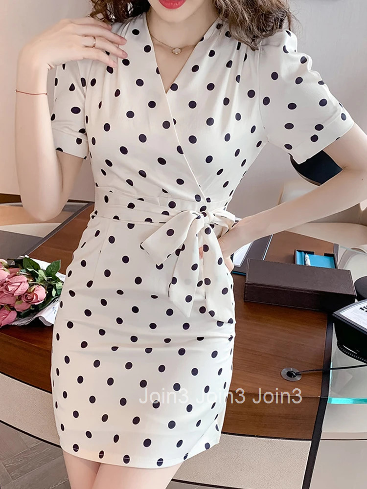 Summer Elegant Office Women Wrap Dress Formal Chic Satin Vintage Dot V-Neck Slim Midi Pencil Party Mujer Vestidos Street Clothes