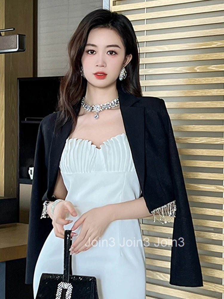 New Fashion Design Chic Summer Elegant Office Women Suit Black Formal Diamond Tassel Short Coat Blazer Jacket Lady Mujer Outwear
