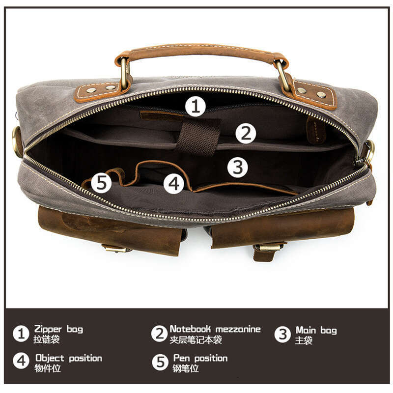 Crazy Horse Leather Handbag Cowhide with Fabric Briefcase Business 14inch Laptop Men's Official Bag Trendy