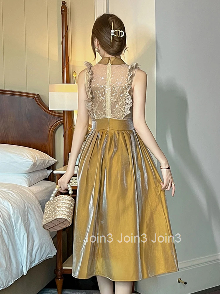 New Summer Fashion Lace Splic Evening Dress Women Clothes Sweet Flying Sleeve Slim Midi A-Line Party Prom Vestidos Fiesta Robe