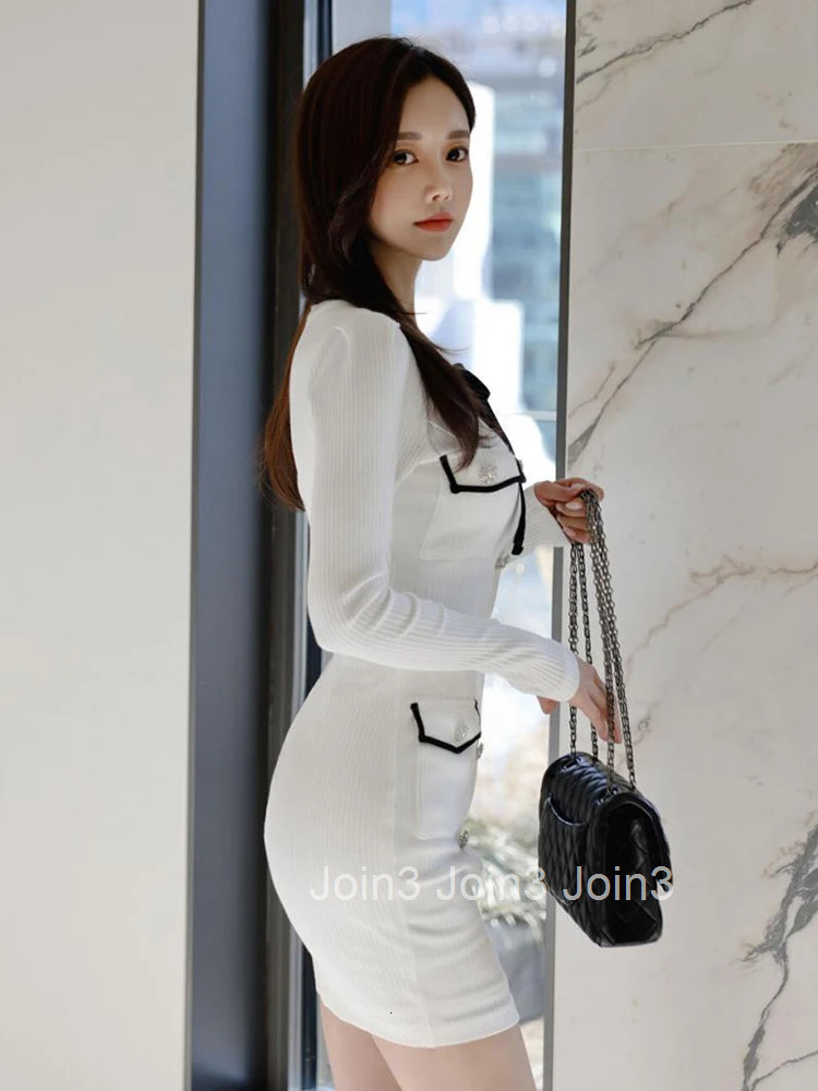 Korean Fashion Autumn Winter Knitted Short Dress Mujer Women Ladies Sweater O-Neck Long Sleeve Skinny Vestidos Stretchy Clothes