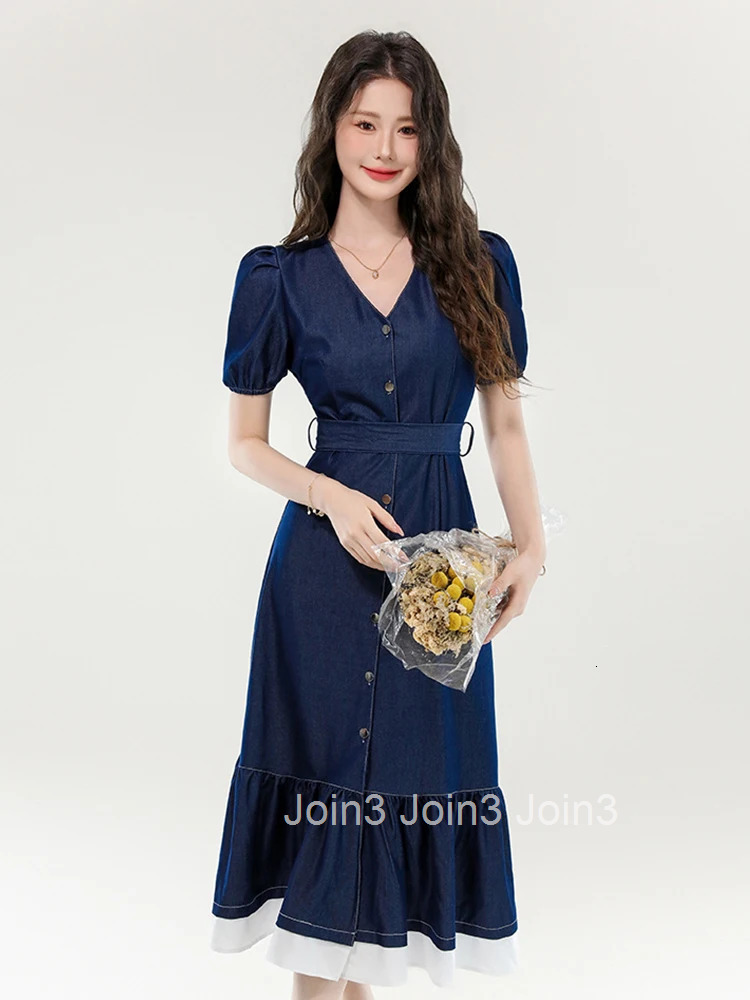 Women Street Clothes Denim Vintage V-Neck Single Breasted Belt A-Line Long Dress Elegant Fashion Vestidos Robe Casual Summer New
