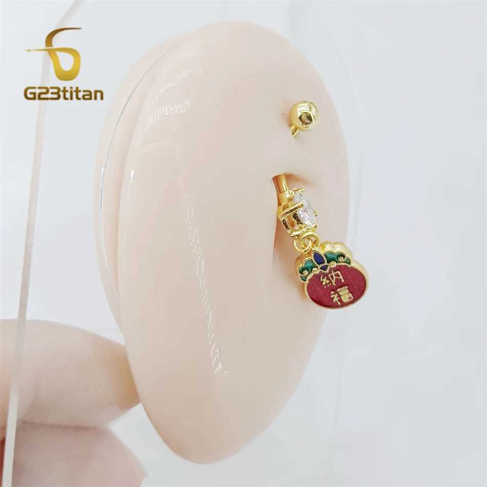 Chinese Lucky Bling Word Pendant Belly Rings G23 Titanium Rod 14G Navel Bar Golden Bo Piercing Male Female Romantic JewelryXJ250623