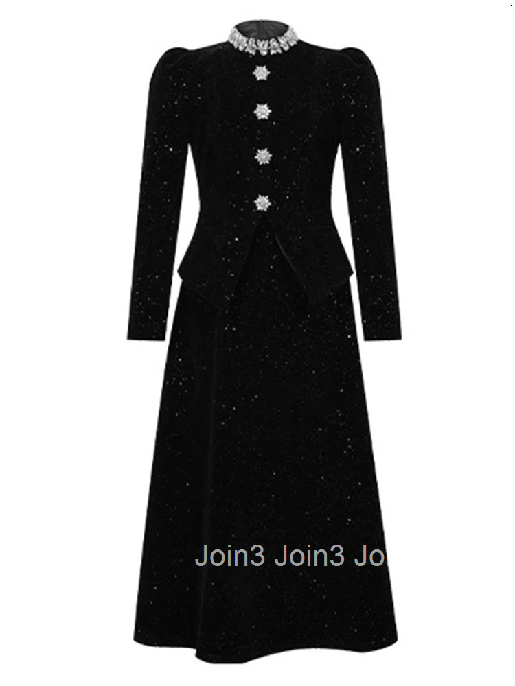 Women Clothes Elegant Luxury Sparkly Black Velvet O-Neck Slim Midi A-Line Long Dress Fashion Evening Party Prom Vestido Robe New