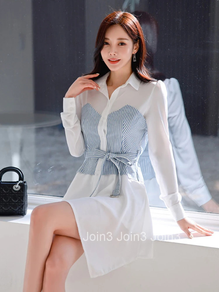 New Spring Autumn Elegant Women Dress Chic Casual Shirt Striped Turn-down Collar Slim Midi A-Line Street Clothes Mujer Vestidos