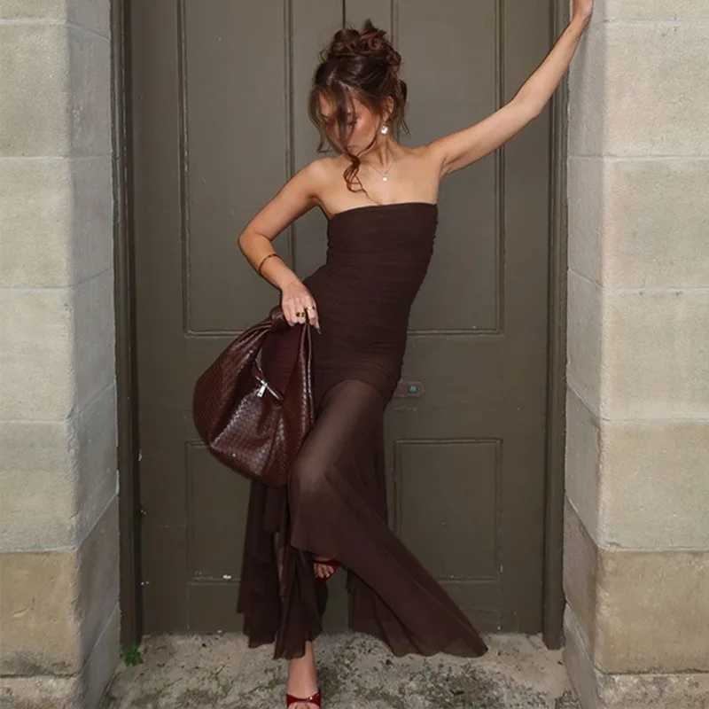 Talenza Mesh Sheath Long Dress Womens Sexy Pleated Slim Patchwork Brown Long Dress Vintage Party Evening Dresses 2025 Vestidos XJ250621