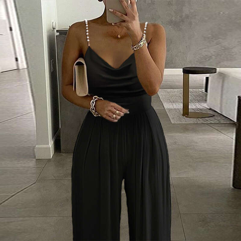 New Style European and American Pearl Strap Wide-Leg Sleeveless V-Neck Backless Long Jumpsuit