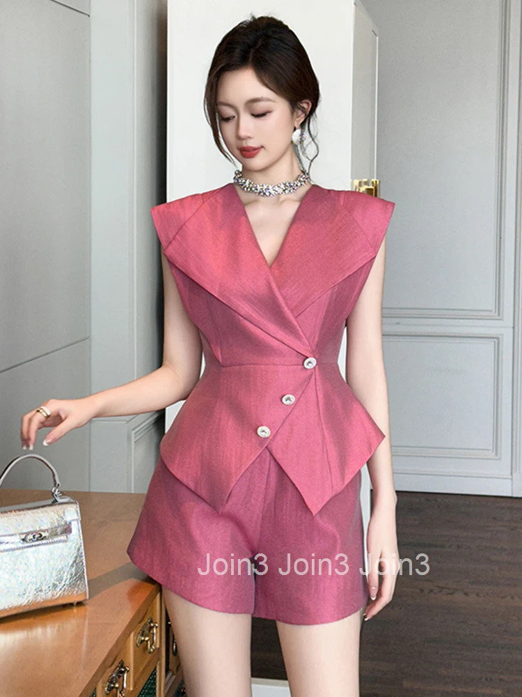 New Summer Formal Casual 2 Pieces Outfit Women Clothes Elegant Sleeveless Tops Shirt Blouse And High Waist Shorts Mujer Slim Set