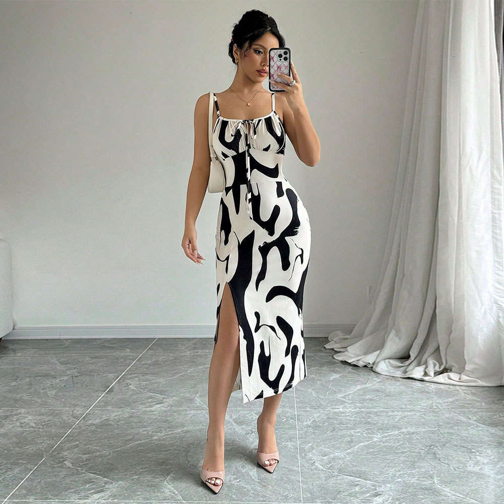 Foreign Trade Women's Clothing 2025 Spring Summer New Style Mature Intellectual Cow Print Strap Midi Dress
