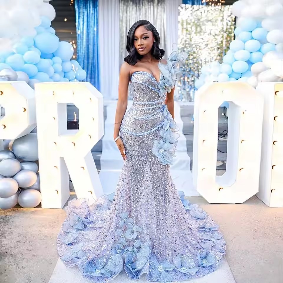 Luxurious Beading Mermaid Prom Dresses African Hand Flowerswith 3D Floral Glitter Crystals Formal Evening Occasion Gowns