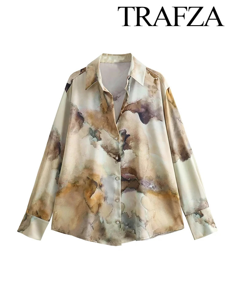 TRAF Womens Temperament TieDye Silk Texture Suit SingleBreasted Long Sleeve Loose Shirt Midi Elastic Waist Skirt 250614