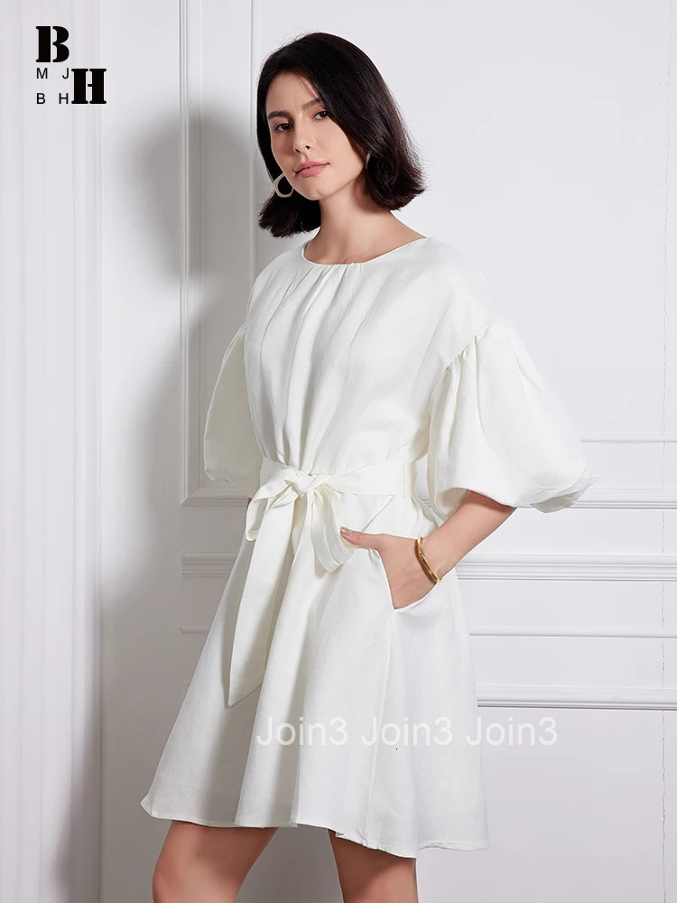 New Elegant Summer Breathable Comfortable Cotton Linen Short A-Line Dress Women Clothes Casual O-Neck Belt Mini Vestidos Fashion