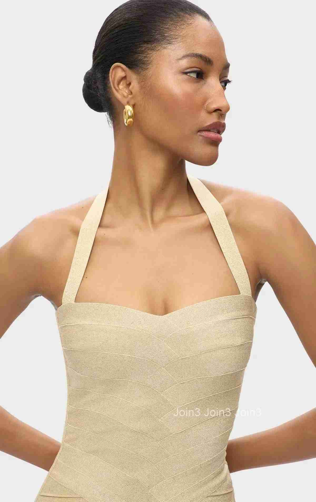White Beige Halter Neck Bodycon Dress 2025 Elegant Formal Party Guest Dress with High Waist Two-Tone Slim Fit Evening Gown
