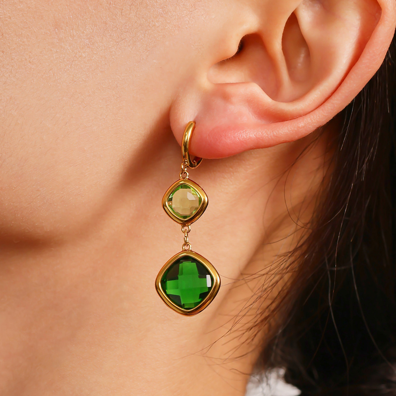 18K Gold Plated Boho Gold Crystal Drop Earrings, Pink & Red Square Charm Earrings for Party/Wedding Hypoallergenic