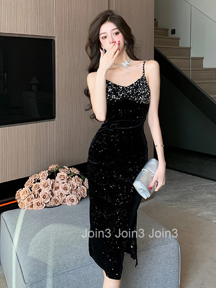 Fashion Lady Retro Velvet Sparkly Sequin Black Evening Dress Women Clothes Elegant Sexy Strap Slim Slit Party Club Prom Vestidos