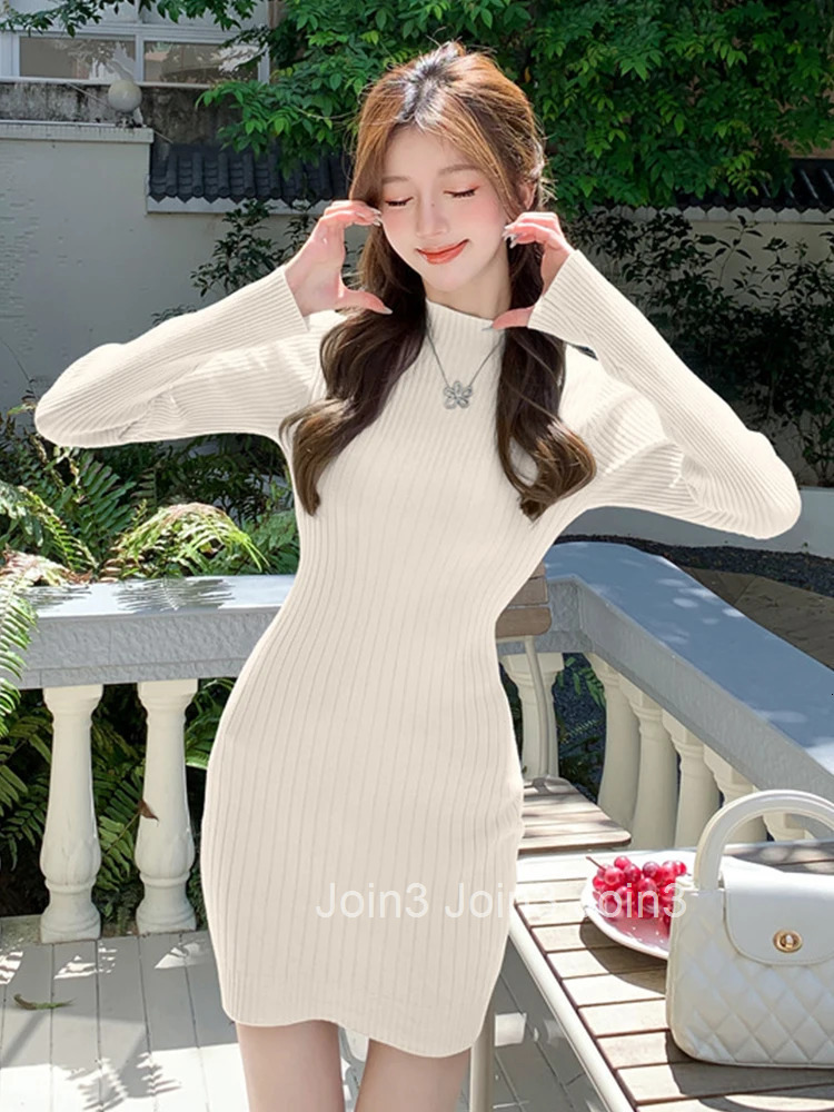 New Autumn Winter Knitted Simple Stretchy Short Dress Women Clothes Sweater Casual Solid O-Neck Long Sleeve Skinny Mini Vestidos