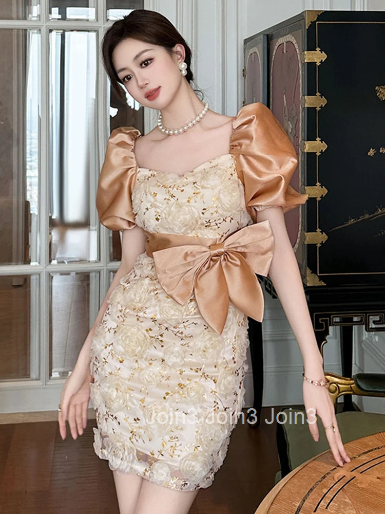 New Summer Fashion Sparkly Gold Evening Short Dress Women Clothes Sweet Floral Sexy Square Collar Slim Party Prom Vestido Fiesta