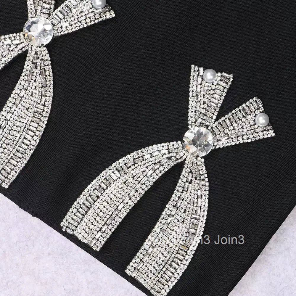 Womens Bandage Dress Summer Fashion Flash Diamond Embellished Bow Split Sling Skirt Sexy Backless Party Gown Chic Feminino Wear
