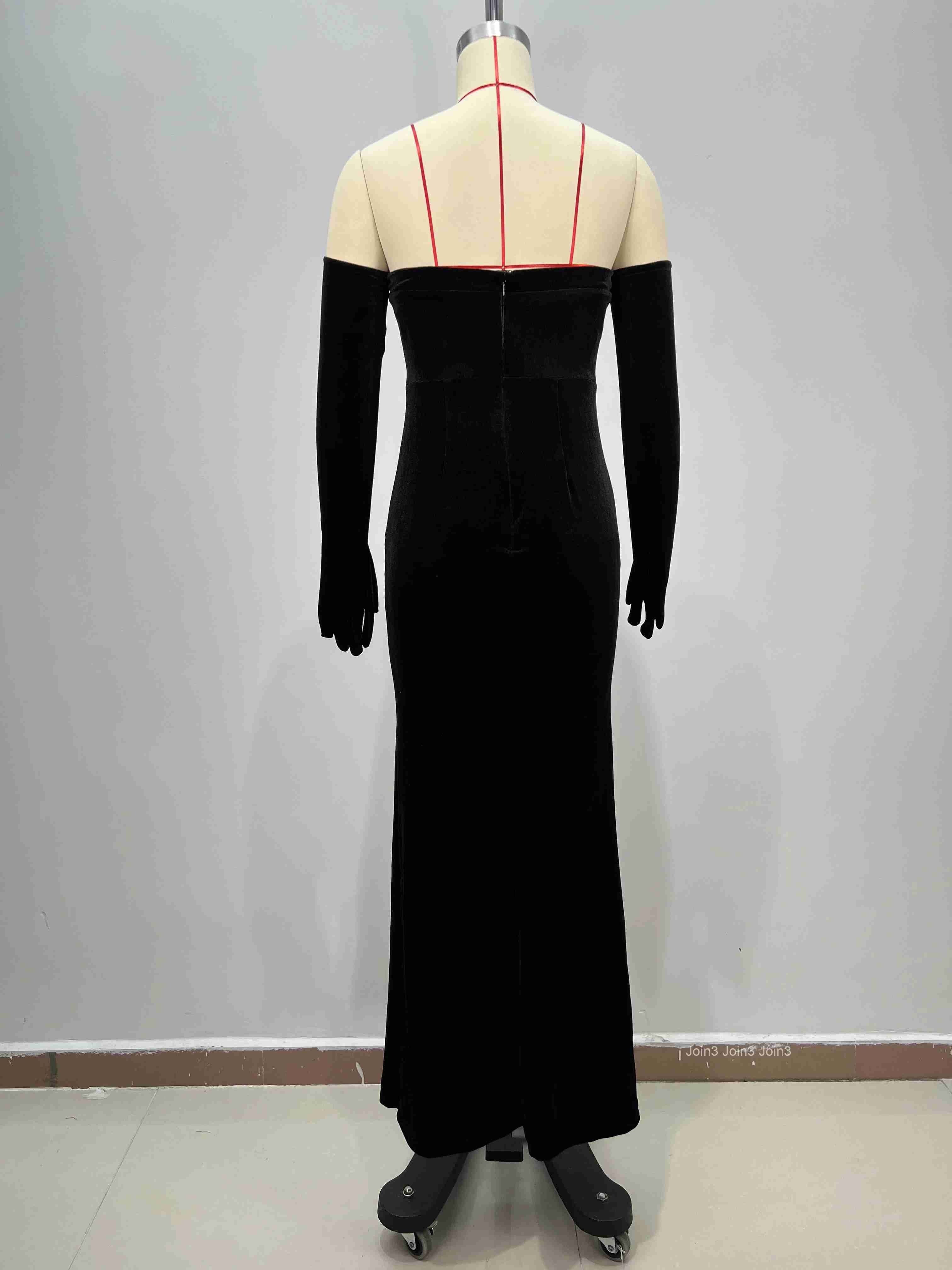 Elegant Black Velvet Evening Gown Off-Shoulder Long Sleeve High Slit Fitted Dress for Gala Party Banquet