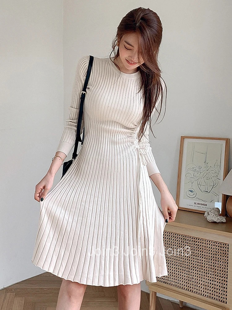 New Autumn Winter Knitted Stretchy A-Line Dress Women Clothes Mujer Sweater Casual Simple O-Neck Skinny Midi Drawstring Vestidos