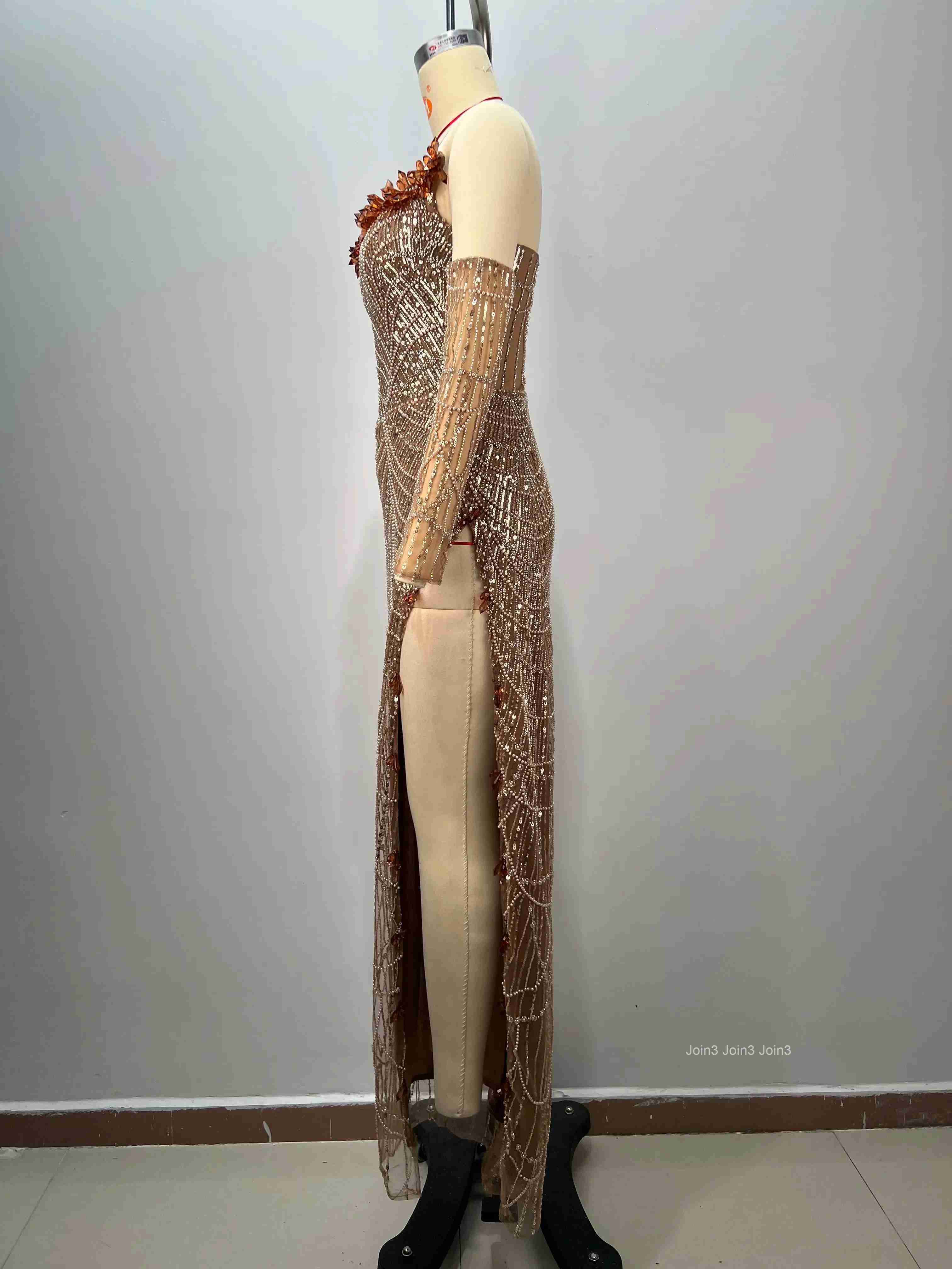 Womens Champagne Bandage Dress Halter Neck Sequin Long Sleeve High Slit Fitted Evening Gown Formal Party Dress