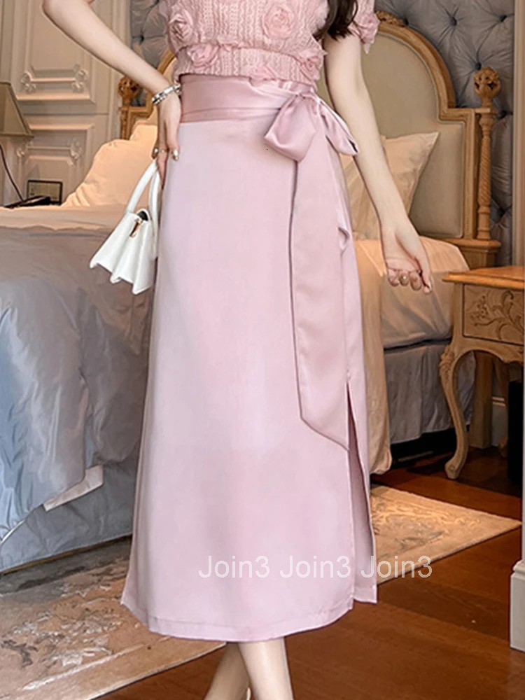Summer Satin Wrap Hip A-Line Skirts For Women Elegant Sweet Chic Pink One Piece High Waist Slit Midi Skirt Street Clothes Outfit