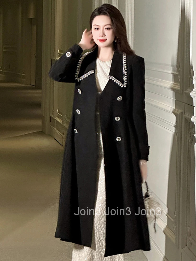 Women Clothes Vintage Black Pearl Double-Breasted A-Line Jacket Coat Formal Elegant Commute Femme Outerwear Long Windbreaker New