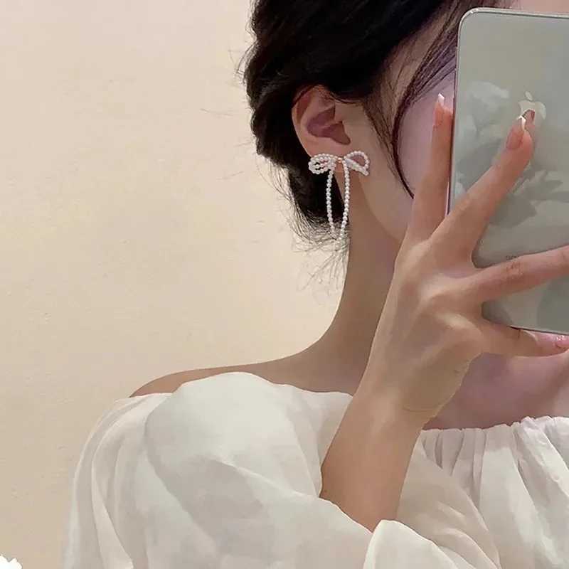 Light Luxury Bowknot Imitation Pearl Earrings Long Tassel Bow Drop Dangle Earrings Women Fashion Elegant Wedding Jewelry GiftsXJ250623