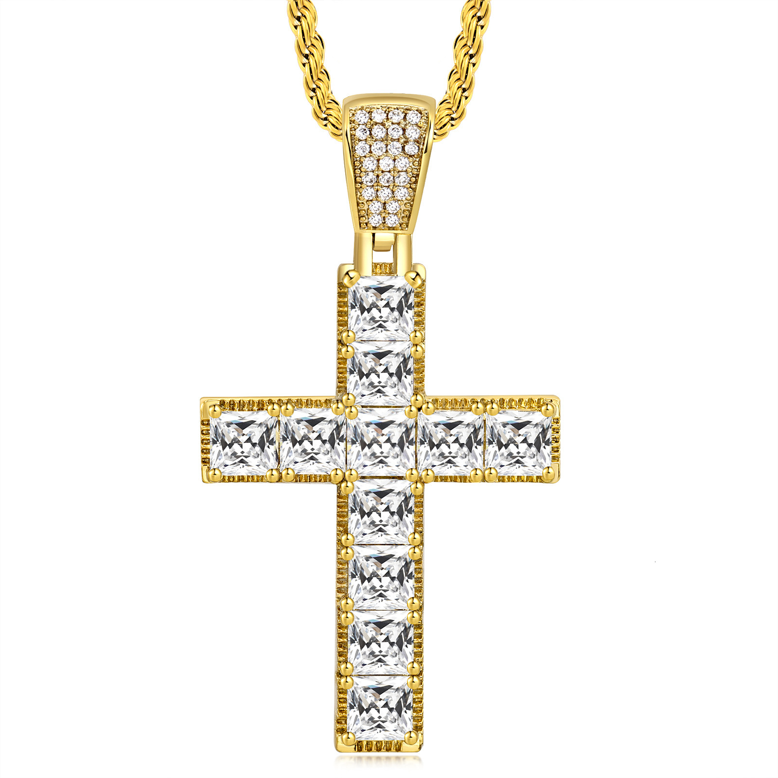 Hip Hop Jewish Cross Pendant Moissanite Diamond Inlaid Men's Cuban Link Trendy Religious Statement Necklace Pass the diamond tester