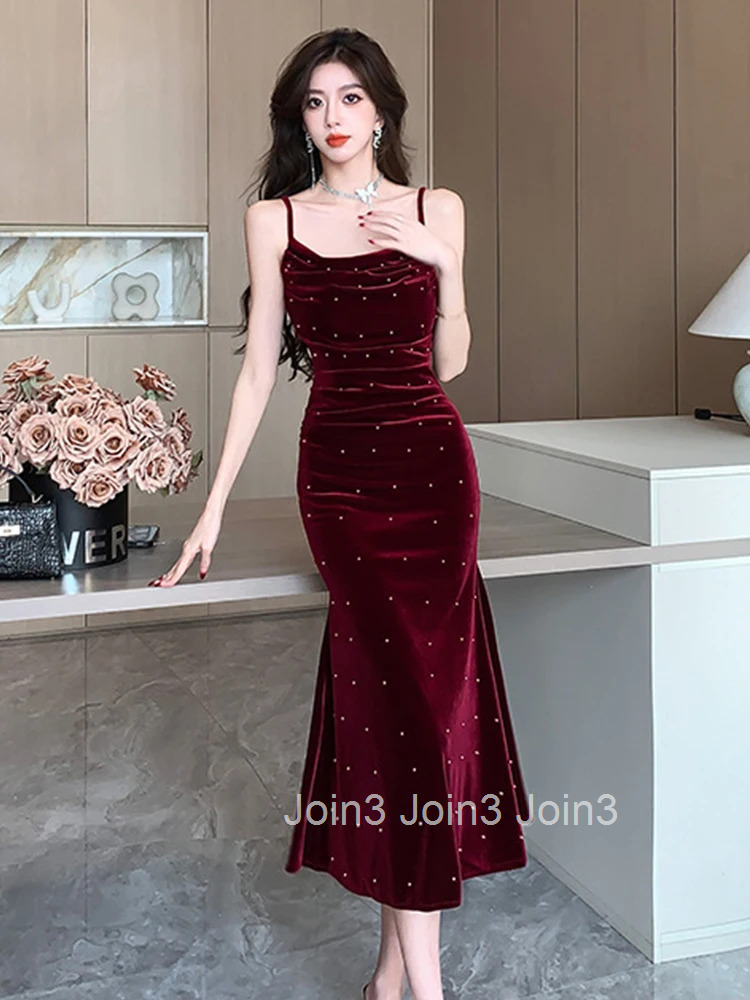 French Elegant Luxuriy Banquet Dress Women Celebrity Strap Bodycon Folds Fishtail Robe Lady Evening Party Host Vestidos Mujer